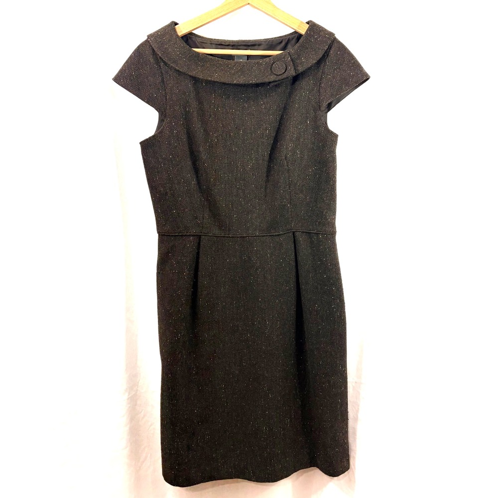 Ann Taylor Brown Tweed Herringbone Dress Size 10 Wool Blend Cap Sleeve Boat Neck